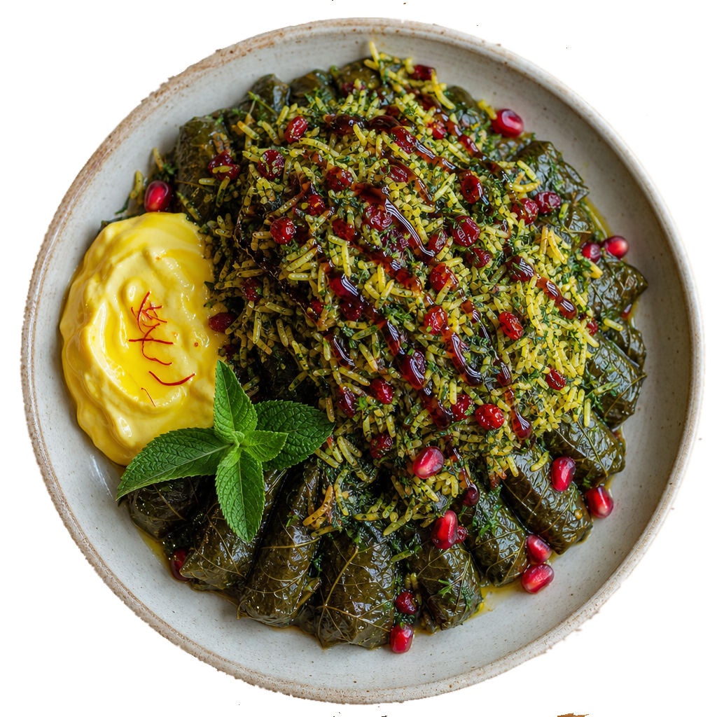 Persian saffron rice with barberries and stuffed vine leaves