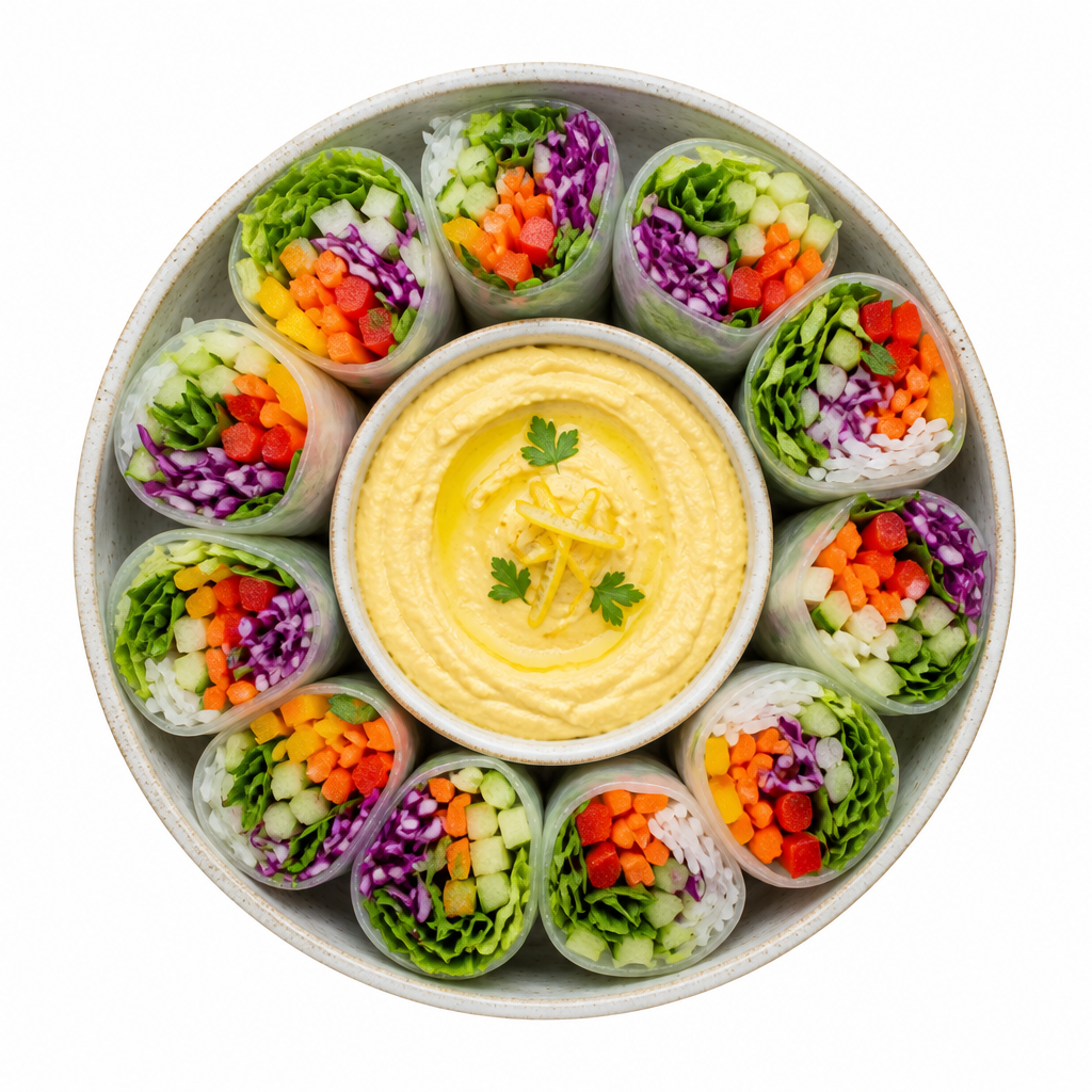 Colorful vegan summer rolls with lemon hummus