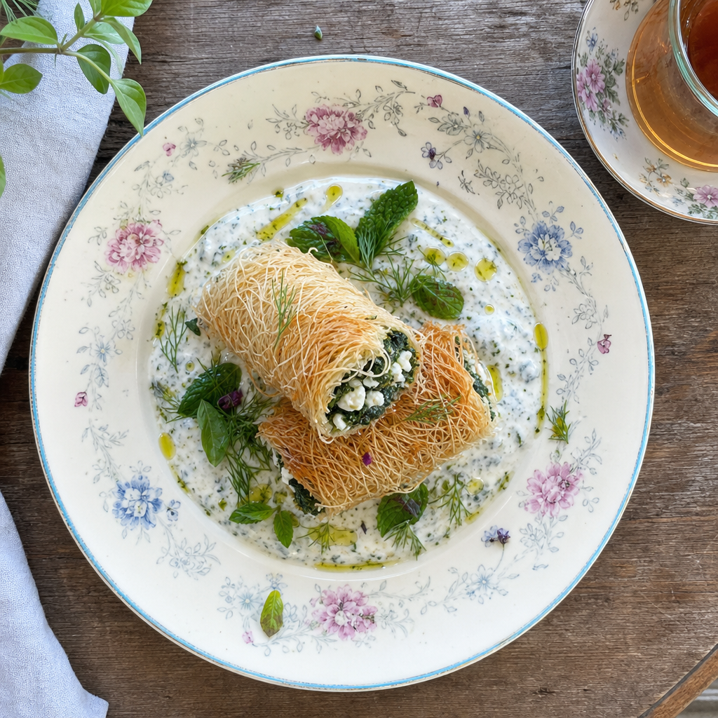 Crispy kataifi roll with spinach on a creamy herb sauce