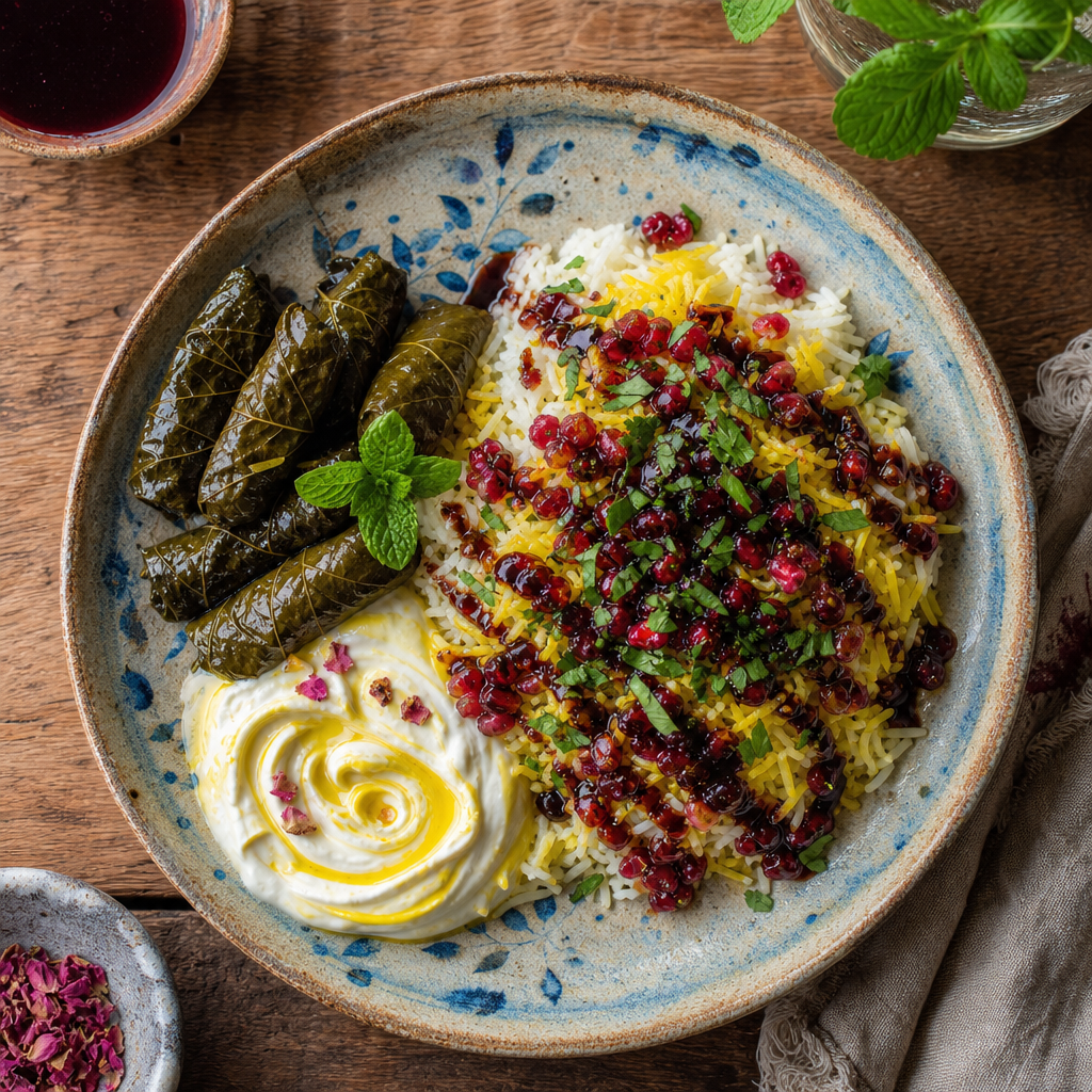 Persian saffron rice with barberries, stuffed vine leaves and saffron yogurt