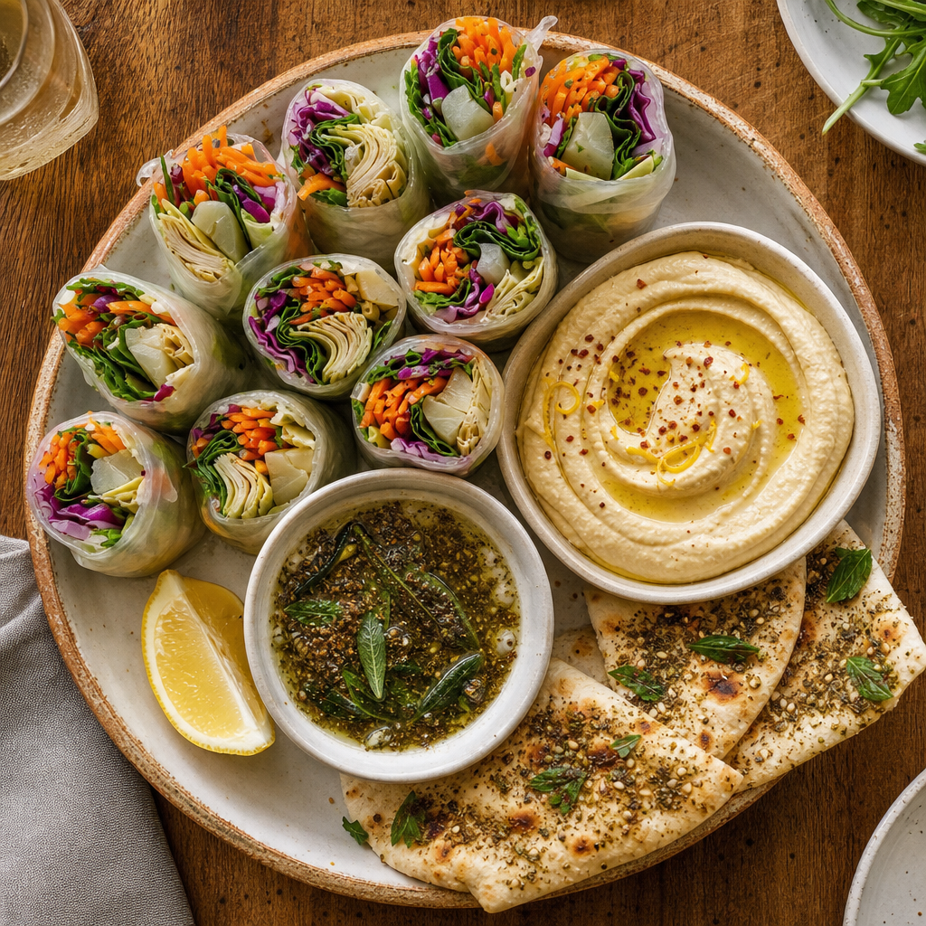 Colorful vegan summer rolls with lemon hummus and za'atar bread