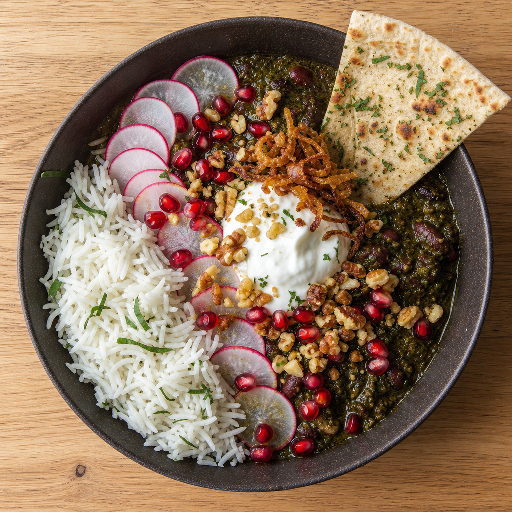 Green herb bowl with rice, walnuts, pomegranate, radish and flatbread