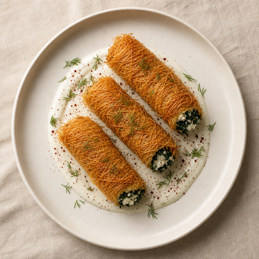 Three golden kataifi rolls on a white plate with cream sauce and dill