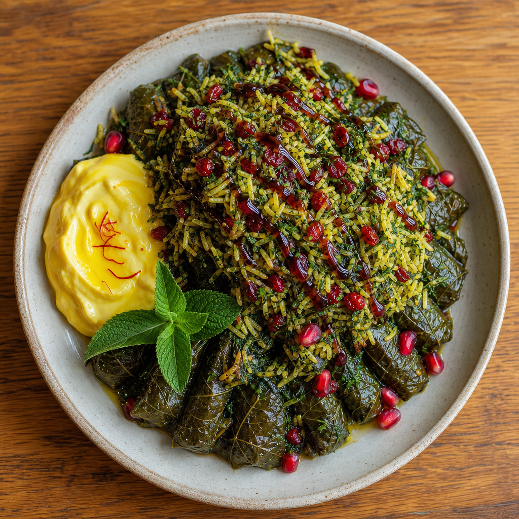 Stuffed vine leaves with herb rice, pomegranate and saffron yogurt
