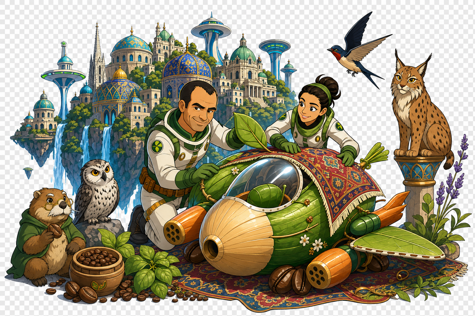 Schadi and Hanif repairing their vegetable spaceship beside coffee beans and forest creatures