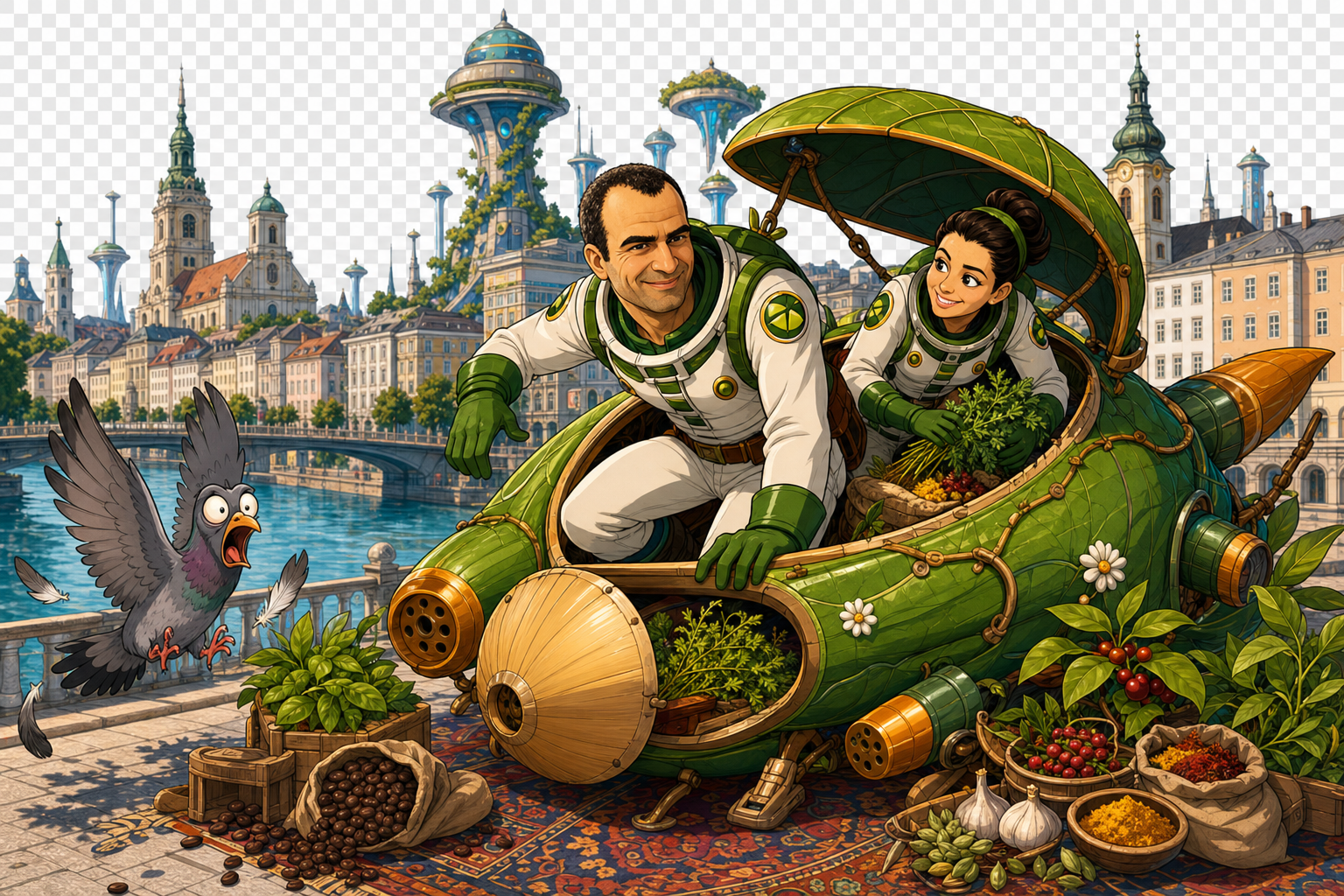 Their organic spaceship landed by the river in Linz, surrounded by spices, herbs, and a startled pigeon