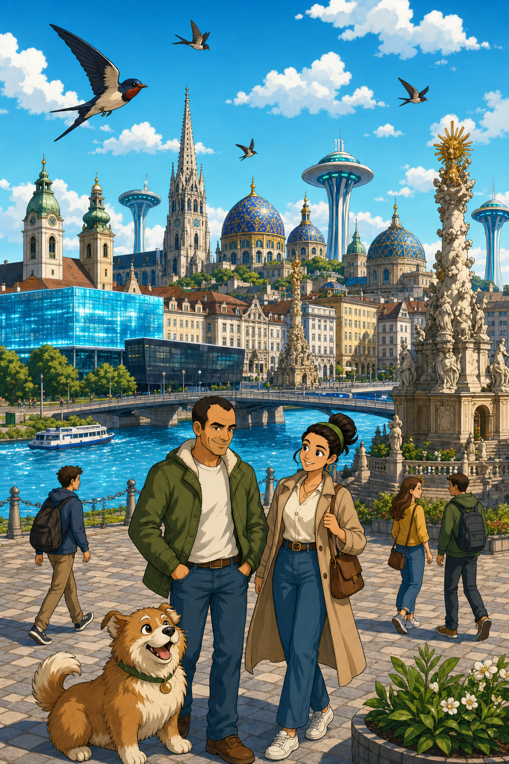 Schadi and Hanif among floating vegetables and coffee beans above a floating city, with a rabbit and broccoli hero
