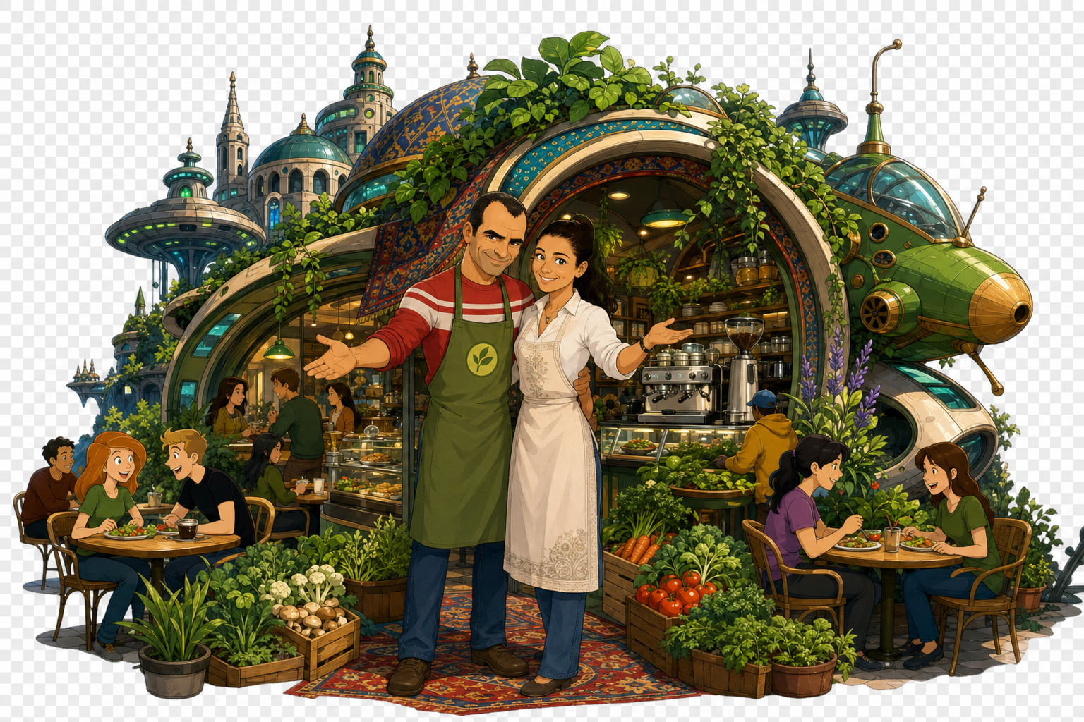 Schadi and Hanif welcoming guests at a café built inside their vine-covered spaceship