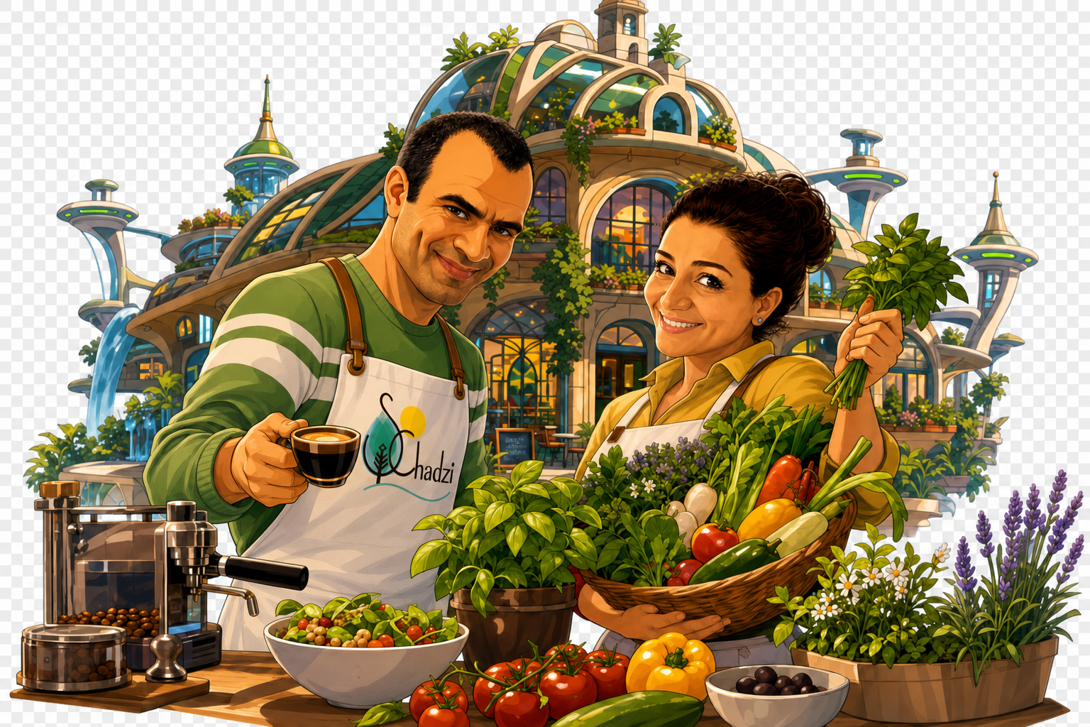 Hanif offering espresso and Schadi holding a basket of fresh vegetables in front of their green café