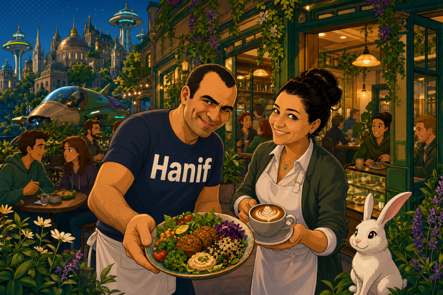 Schadi and Hanif welcoming guests with a plant-based bowl and latte art outside their café